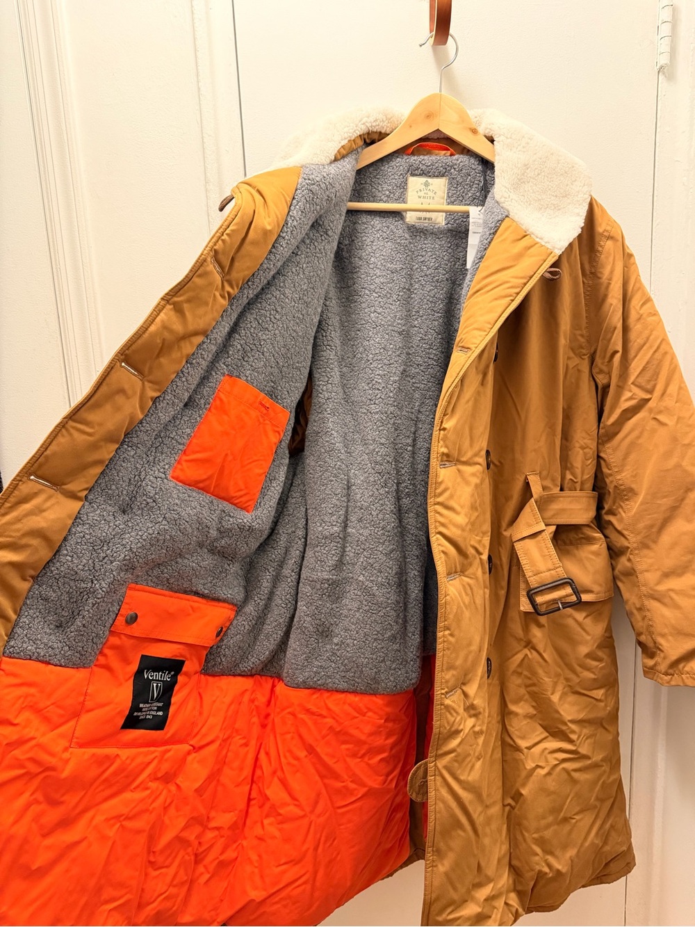 Private White Todd Snyder Tan Trench Coat with White Sherpa Collar size L Jeep - Picture 6 of 13